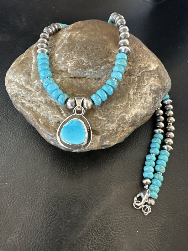 Women's Blue Kingman Turquoise Pendant Navajo Necklace 21" | Sterling Silver | Authentic Native American Handmade | 17959
