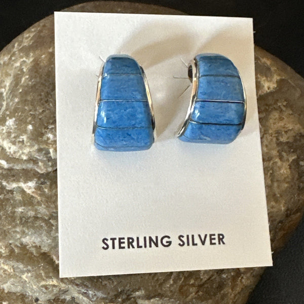 Southwestern Blue Denim Lapis Stud Inlay Earrings 1" | Sterling Silver | Authentic Native American Handmade | 19268