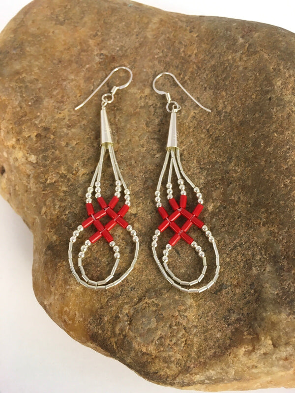 Red Coral Heishi Tube Liquid Dangle Earrings 2" | Sterling Silver | Authentic Native American Handmade | 08877