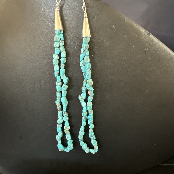 XL Blue Turquoise Nugget Bead Beads Navajo Earrings 4.5" | Sterling Silver | Authentic Native American Handmade | 18095