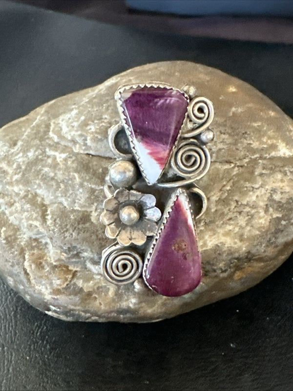 Cluster Purple Spiny Oyster Navajo Ring Sz 7.5 | Sterling Silver | Authentic Native American Handmade | 19764