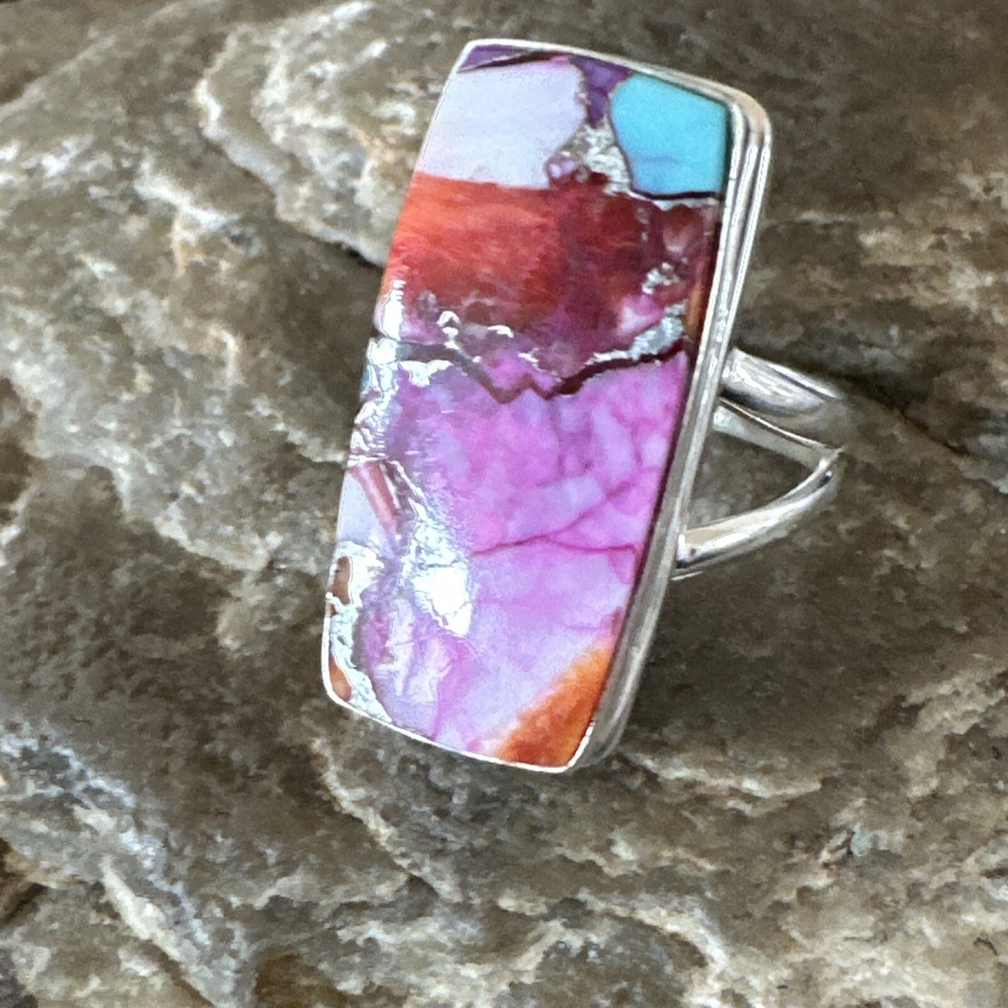 Blue Turquoise Spiny Oyster Navajo Sterling Silver Ring Size 7 18228