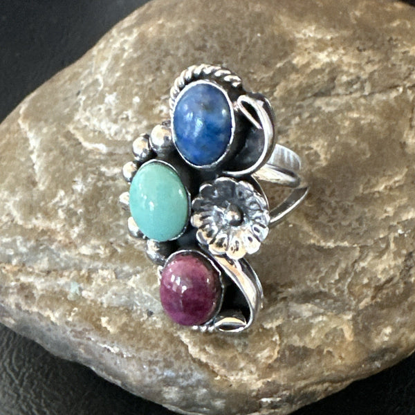 Multicolor Ring Turquoise Spiny Navajo Cluster Size 8.5 | Sterling Silver | Authentic Native American Handmade | 19168