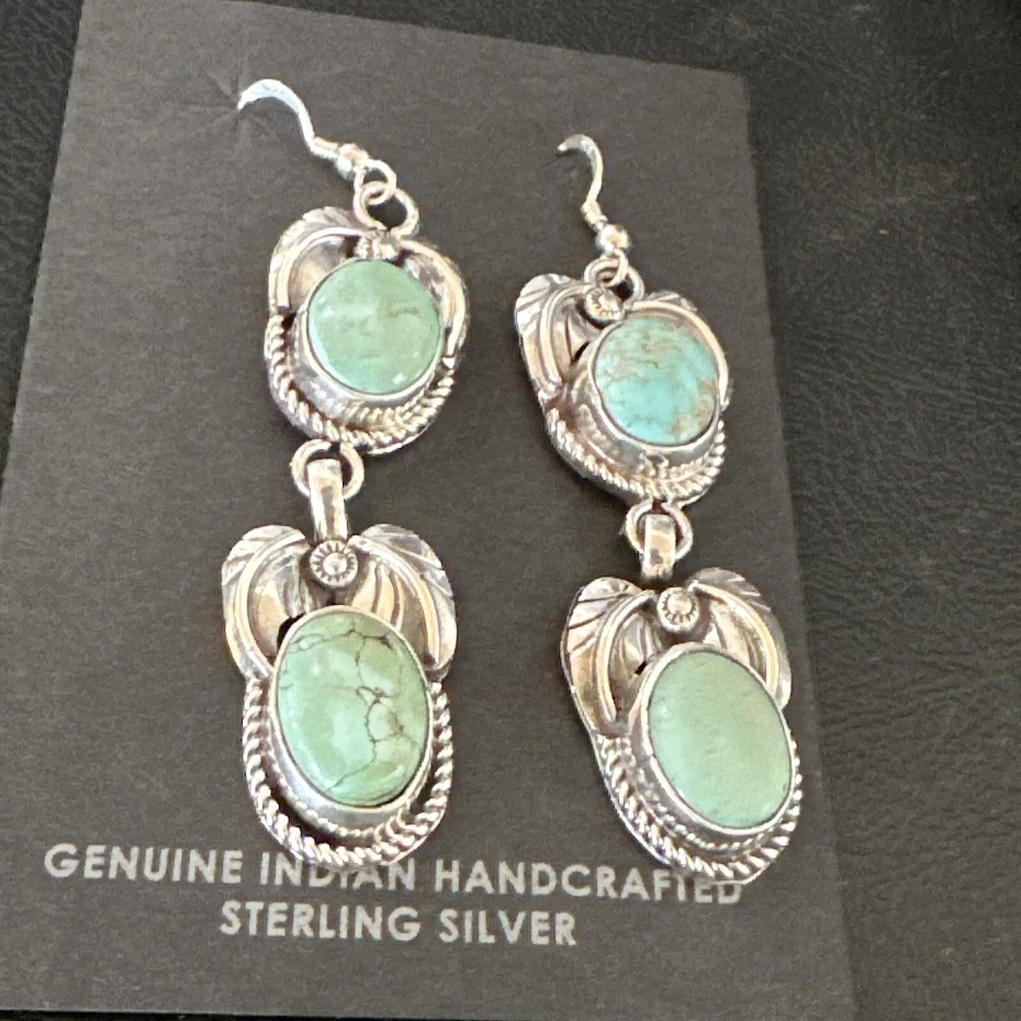 Native Navajo Blue Green Turquoise Sterling Silver Dangle Earrings 2” 17917
