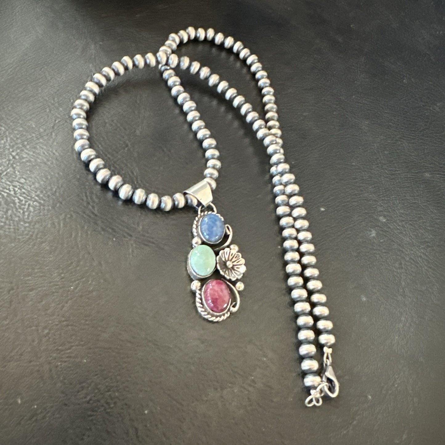 Multicolor Turquoise Spiny Navajo Sterling Silver Cluster Pendant Necklace 19313