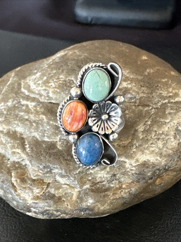Multicolor Ring Turquoise Spiny Navajo Cluster Size 9 | Sterling Silver | Authentic Native American Handmade | 19187