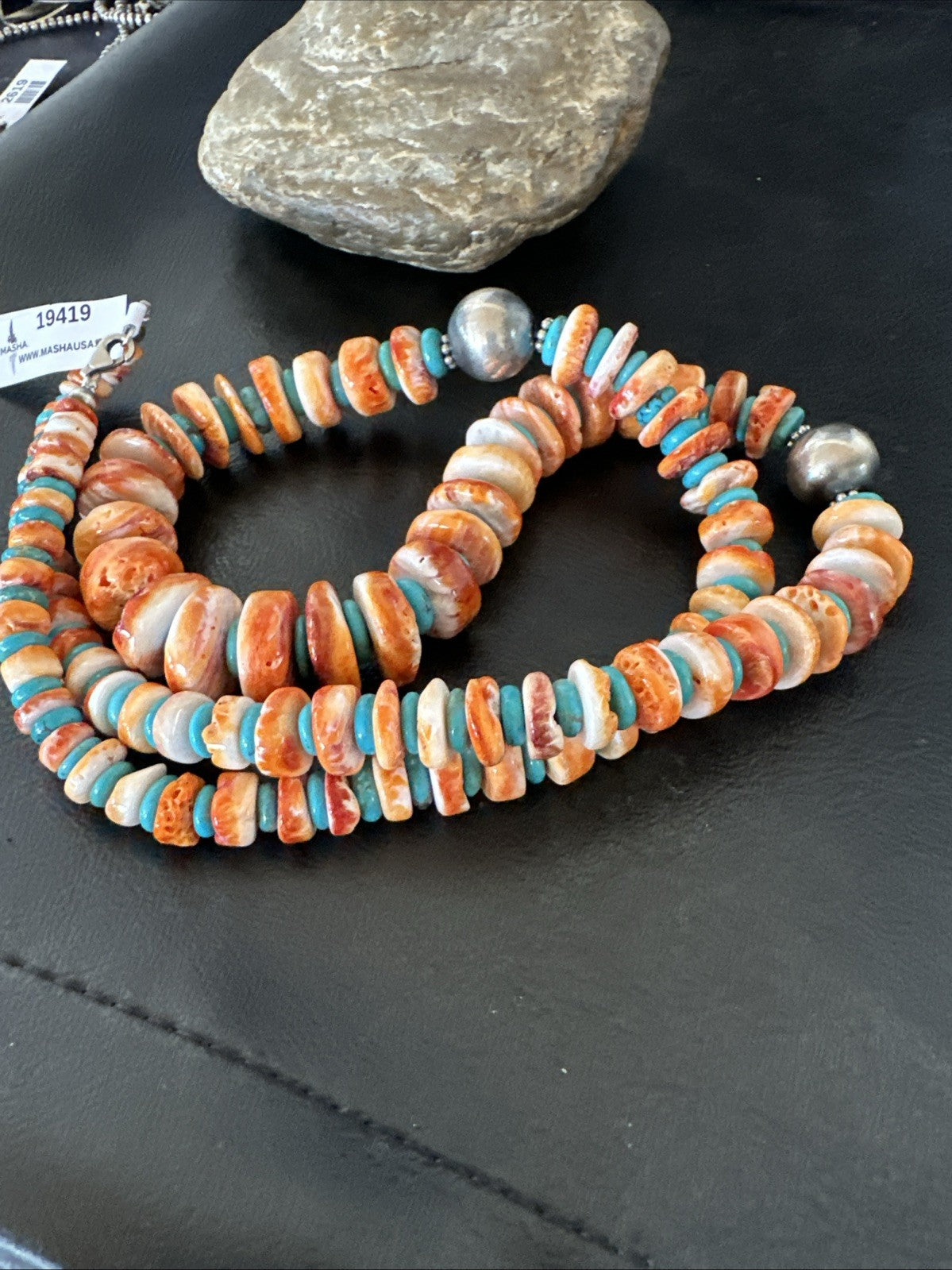 30" Spiny Oyster Turquoise Graduated Navajo Pearl Sterling Silver Necklace 19419