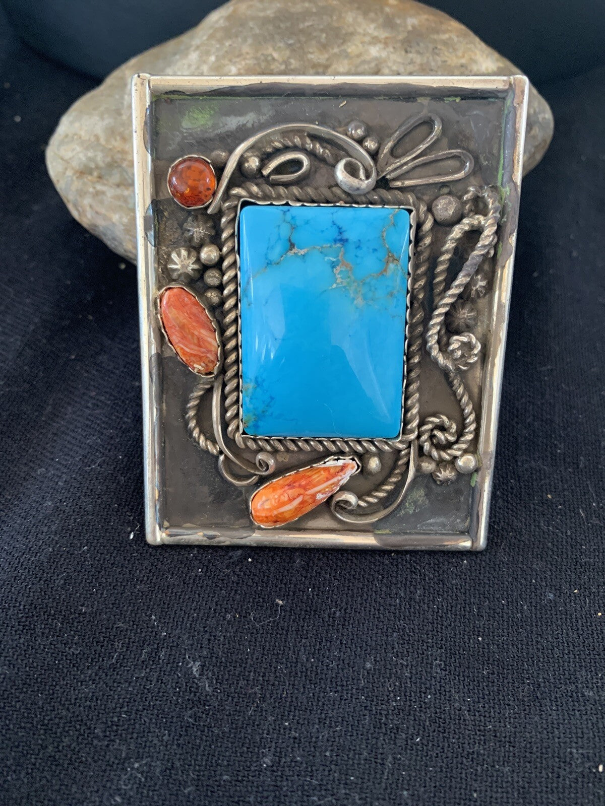 Blue Turquoise Spiny Oyster Navajo Sterling Silver Concho Belt Buckle 00717