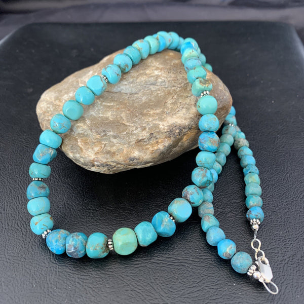 Men's Blue Turquoise Bead Navajo Necklace 28" | Sterling Silver | Authentic Native American Handmade | 10622