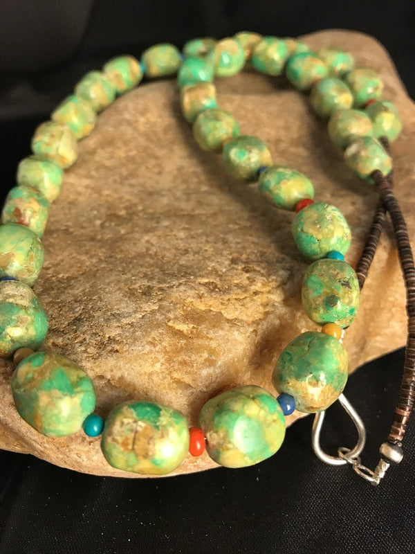 Green Turquoise 24"Necklace | Sterling Silver | Authentic Native American Handmade | 10070
