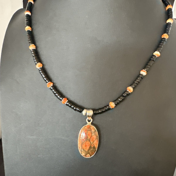 Orange Spiny Black Onyx Navajo Pendant Necklace 20" | Sterling Silver | Authentic Native American Handmade | 19638