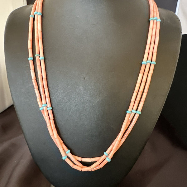 Turquoise Pink Coral 3 Strand Necklace 21" | Sterling Silver | Authentic Native American Handmade | 17816