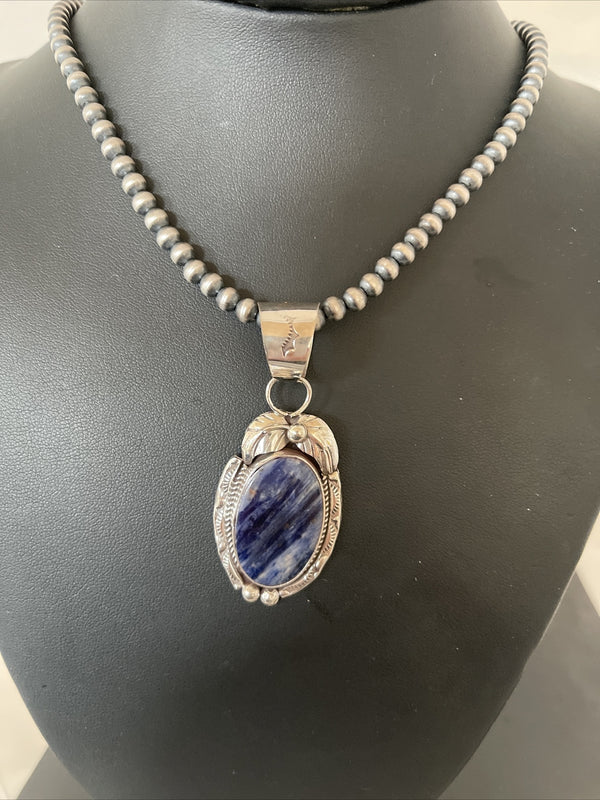 Men's Lapis Lazuli Pendant Beads Necklace | Sterling Silver | Authentic Native American Handmade | 1210