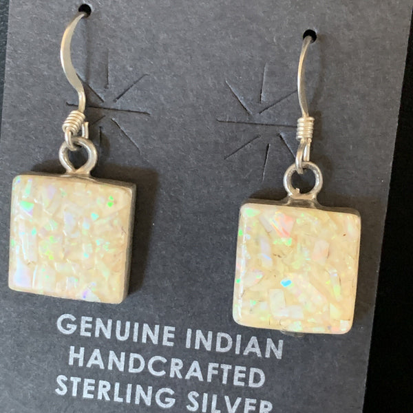 Women's White Opal Inlay Navajo Dangle Drop Earrings | Sterling Silver | Authentic Native American Handmade | 12768