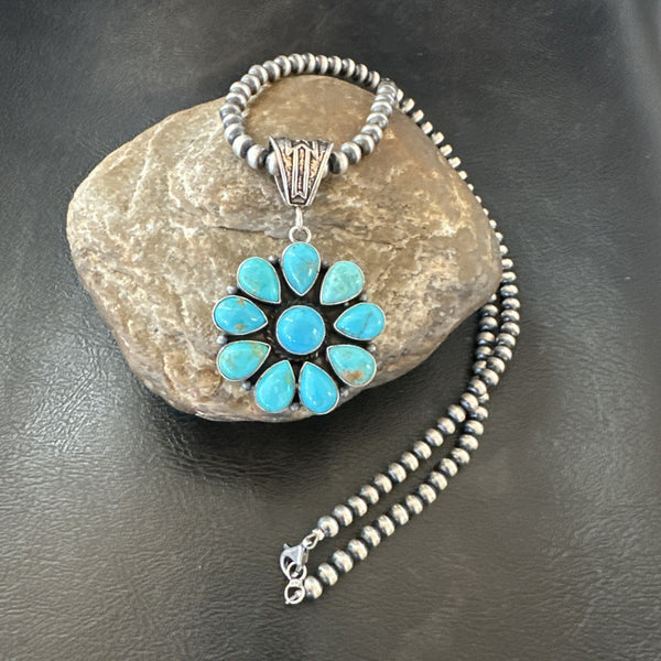 Blue Turquoise Navajo Cluster Round Pendant Necklace 2" | Sterling Silver | Authentic Native American Handmade | 19316