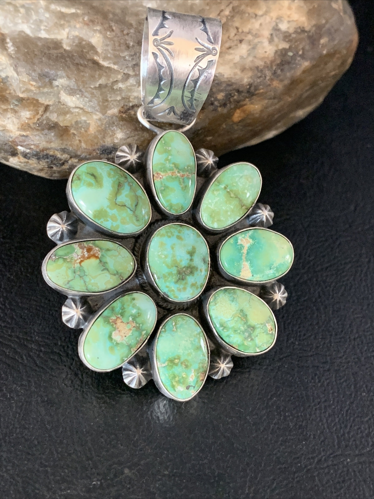 Green Sonoran Gold Turquoise Navajo Sterling Silver Cluster Pendant 14070