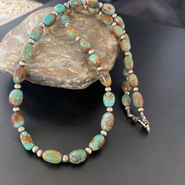 Green Royston Turquoise Bead Navajo Beads Necklace | Sterling Silver | Authentic Native American Handmade | 11465
