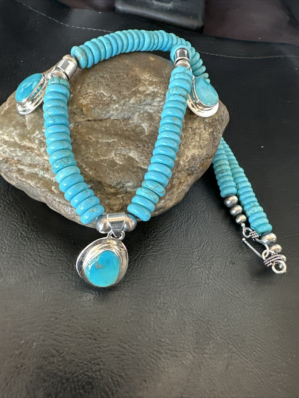 Women's Blue Kingman Turquoise Pendant Navajo Necklace 19" | Sterling Silver | Authentic Native American Handmade | 18166