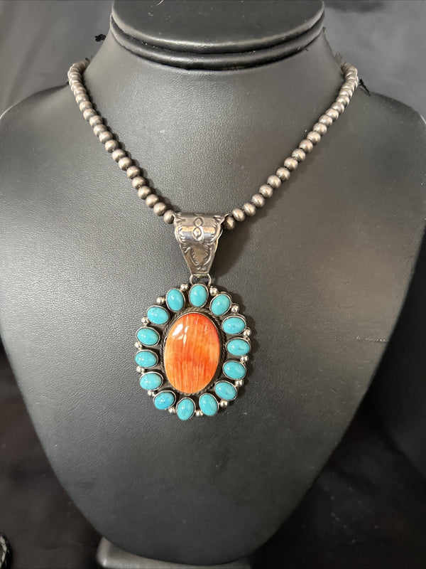 Blue Cluster Kingman Turquoise Orange Spiny Oyster Pendant | Sterling Silver | Authentic Native American Handmade | 14278