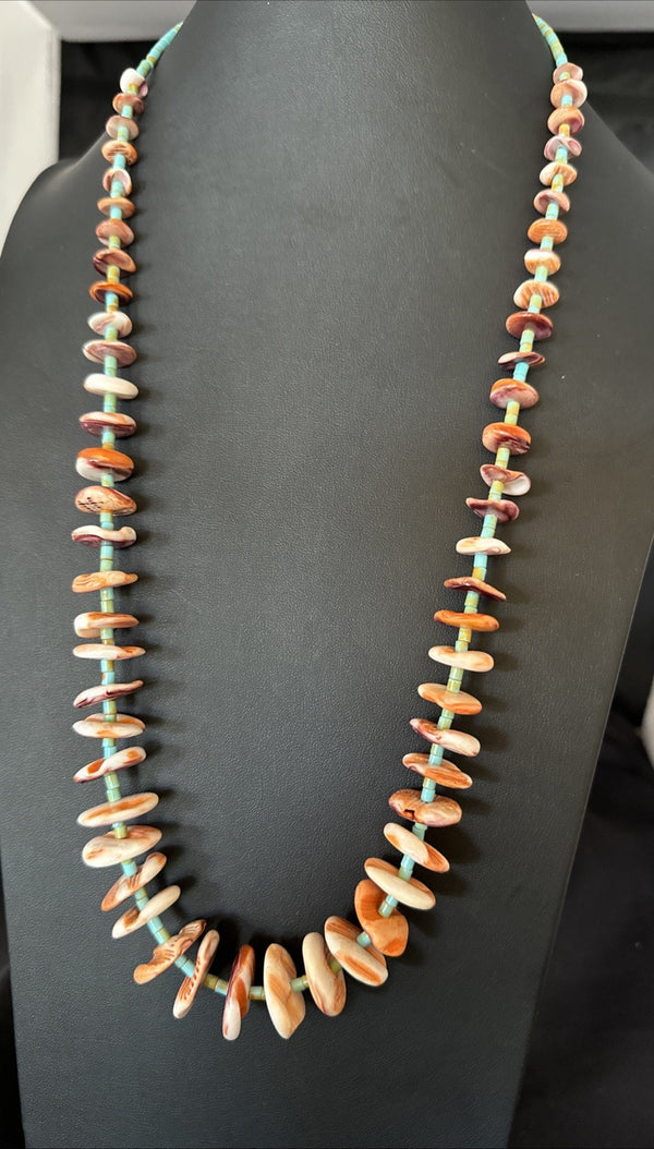 Orange Spiny Oyster Turquoise Navajo Pearls Necklace 27" | Sterling Silver | Authentic Native American Handmade | 19466