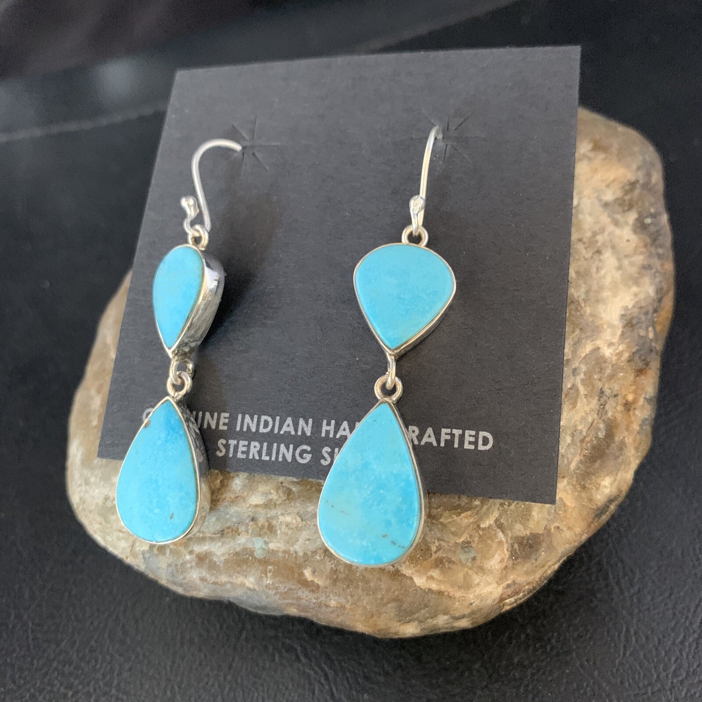 Kingman Turquoise Handmade Navajo Sterling Silver Dangle Earrings 1.75" 13897