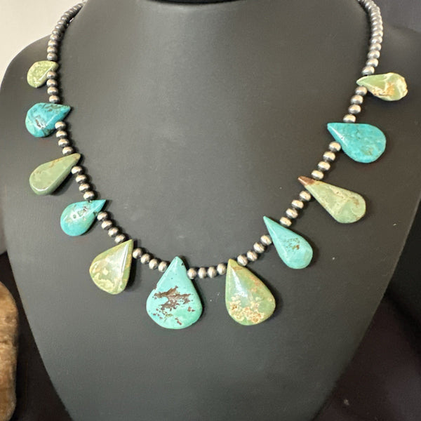 Blue Green Turquoise Navajo Pearls 20"Necklace | Sterling Silver | Authentic Native American Handmade | 19245