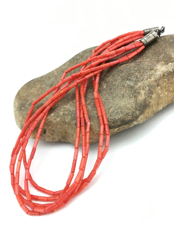 Orange Coral Tube Heishi Bead 5 Strand Navajo Necklace 19" | Sterling Silver | Authentic Native American Handmade | 1108