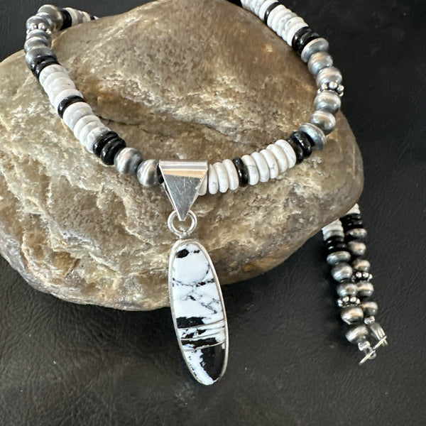 White Buffalo Turquoise Navajo Pearls Onyx Necklace | Sterling Silver | Authentic Native American Handmade | 17805