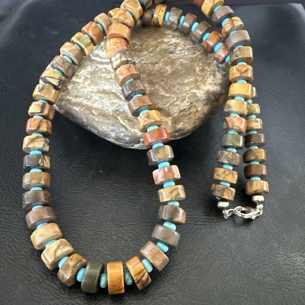 Red Creek Jasper Turquoise Pendant Navajo Necklace | Sterling Silver | Authentic Native American Handmade | 17744