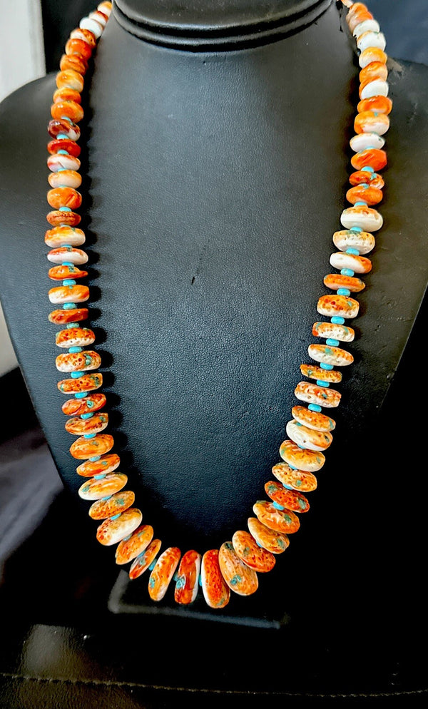 Orange Spiny Oyster Blue Turquoise Navajo Necklace 23" | Sterling Silver | Authentic Native American Handmade | 18087