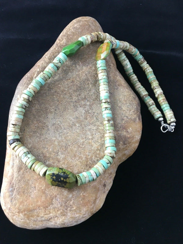 Men's Chunky Green Turquoise Navajo Heishi Necklace | Sterling Silver | Authentic Native American Handmade | 1797