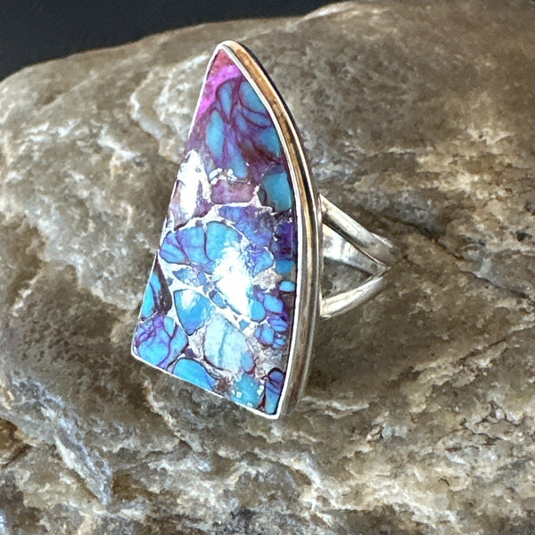 Blue Turquoise Spiny Oyster Navajo Ring Size 7 | Sterling Silver | Authentic Native American Handmade | 18231