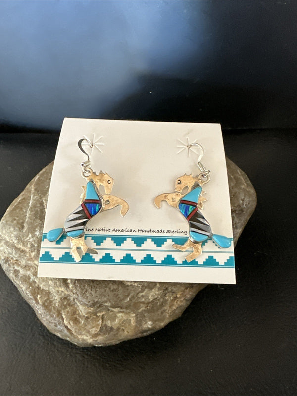 Blue Turquoise Coral Horse Inlay Navajo Earrings | Sterling Silver | Authentic Native American Handmade | 19827