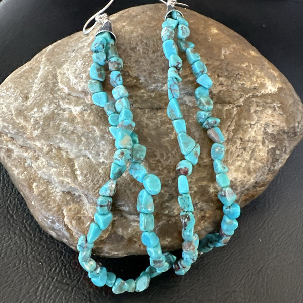 XL Blue Turquoise Nugget Bead Beads Navajo Earrings 4.5" | Sterling Silver | Authentic Native American Handmade | 18095