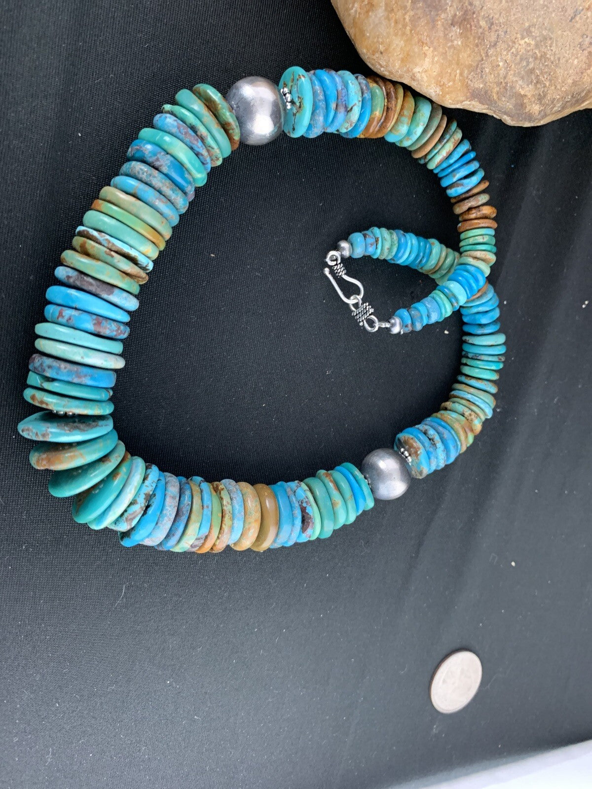 Mens Blue Green Turquoise Navajo Sterling Silver Necklace 00231