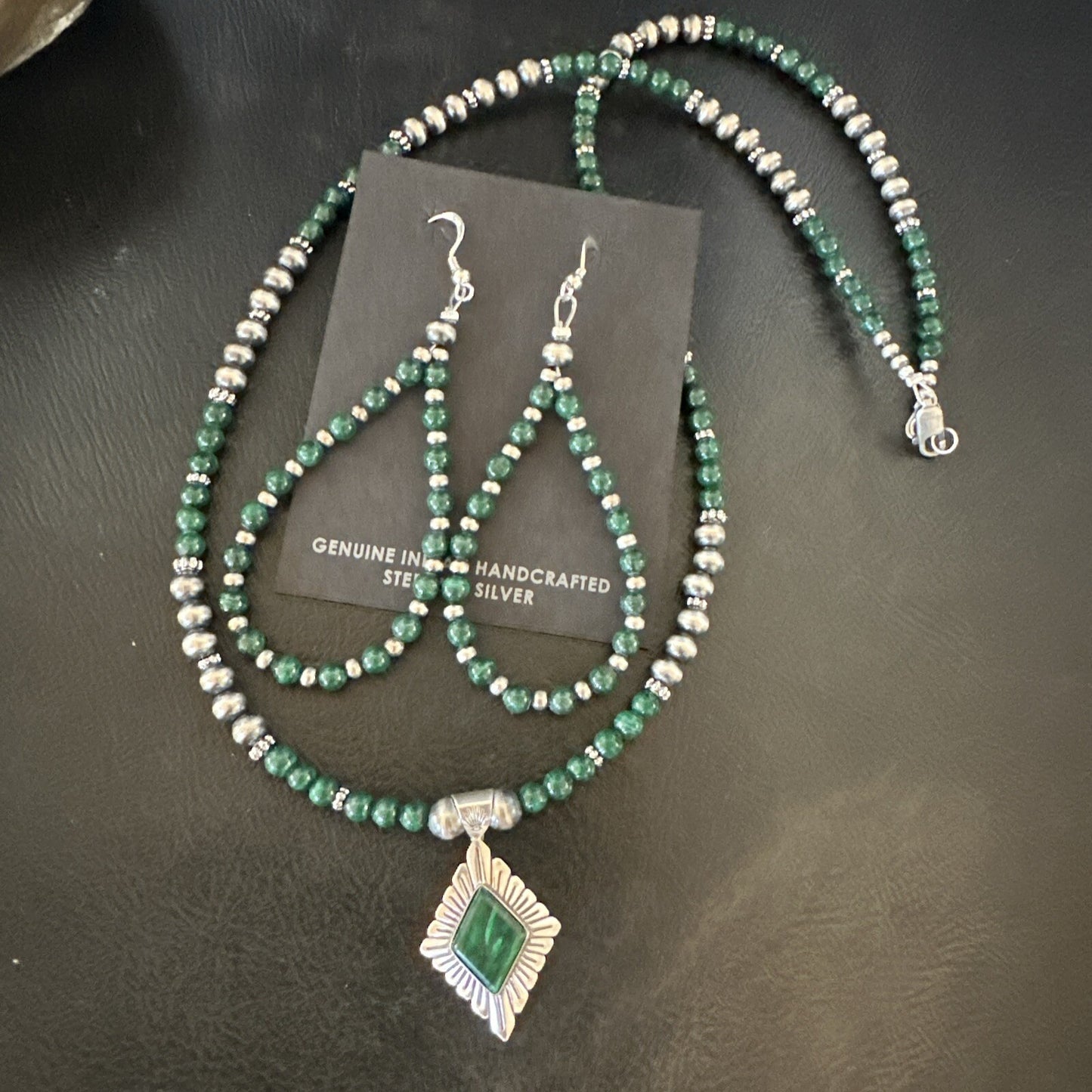 Womens Green Malachite Pendant Navajo Sterling Silver Necklace Earrings 18374