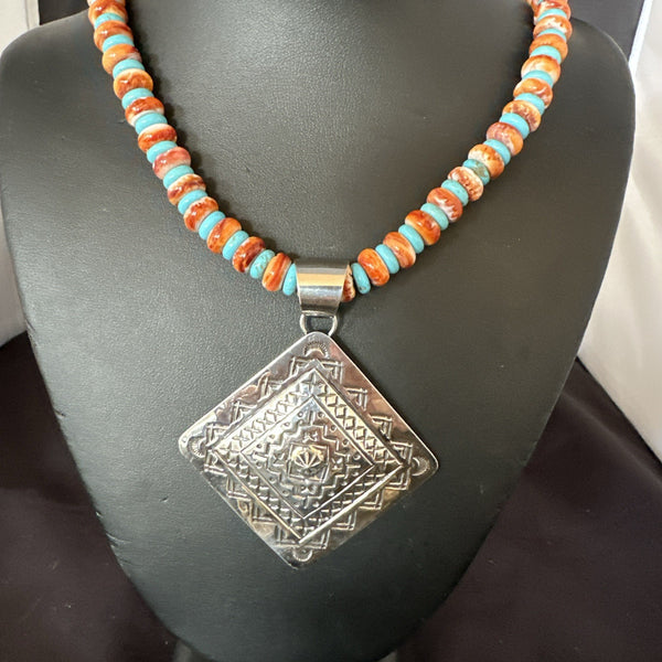 Orange Spiny Oyster Turquoise Navajo Pendant Necklace 21" | Sterling Silver | Authentic Native American Handmade | 19043
