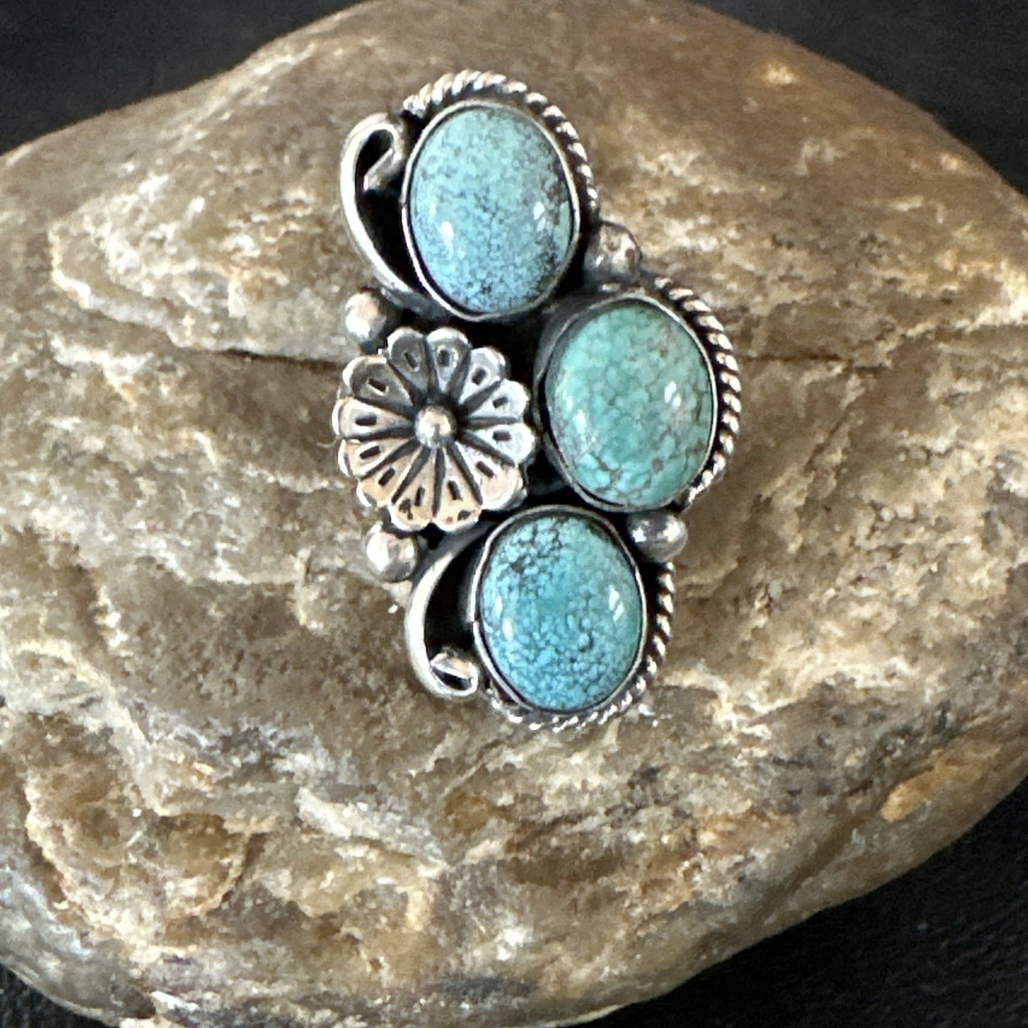 Yazzie Ring Blue Turquoise Navajo Sterling Silver Cluster Size 7 19240