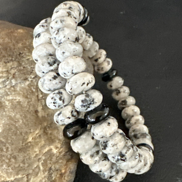Men's Memory Wire Stainless Steel Black Onyx White Jasper 8mm Bead Bracelet | Authentic Native American Handmade | 17708
