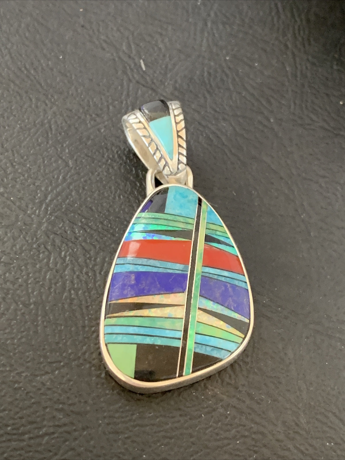 Womens Blue Turquoise Coral & Opal Navajo Sterling Silver Inlay Pendant 12493