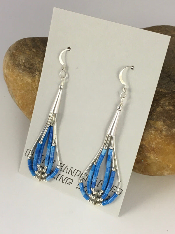 Blue Turquoise Heishi Tube Liquid Dangle Earrings 2" | Sterling Silver | Authentic Native American Handmade | 8873