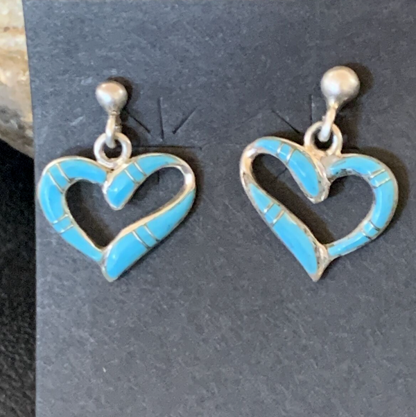 Blue Turquoise Heart Navajo Dangle Post Earrings 0.5" | Sterling Silver | Authentic Native American Handmade | 12714