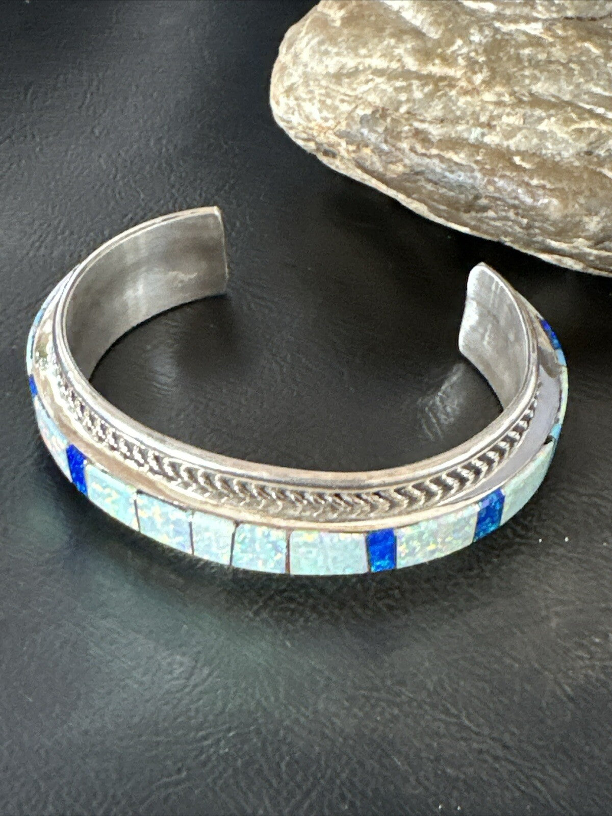 Blue Lapis Opal Zuni Sterling Silver Cuff Inlay Bracelet 17956