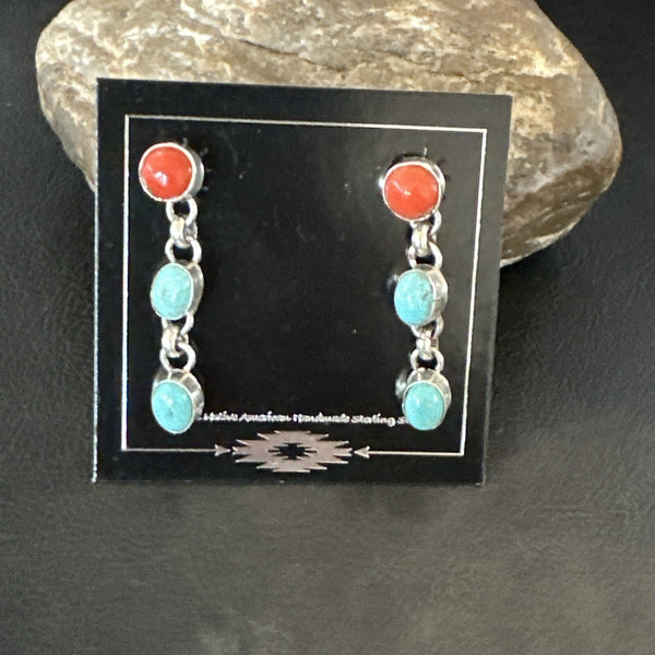Blue Turquoise Red Spiny MultiColor Navajo Inlay Earrings | Sterling Silver | Authentic Native American Handmade | 18355