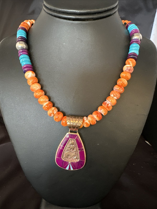Turquoise Purple Stone Spiny Bone Pendant Navajo Necklace | Sterling Silver | Authentic Native American Handmade | 14990