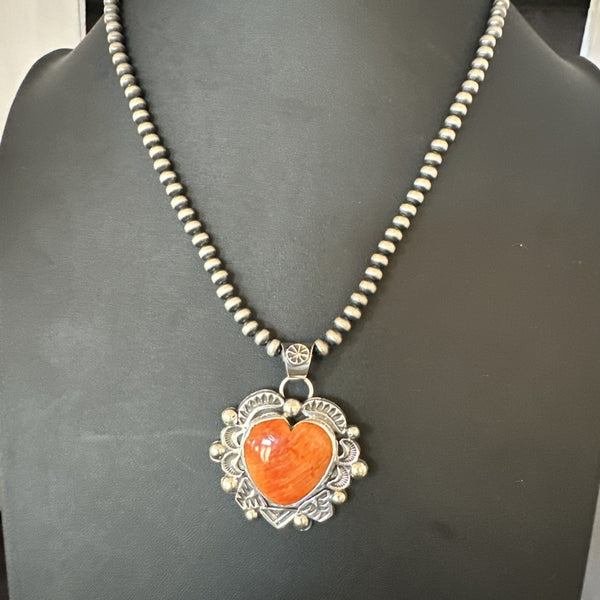 H Joe Orange Spiny Oyster Heart Pendant Navajo Necklace | Sterling Silver | Authentic Native American Handmade | 19486