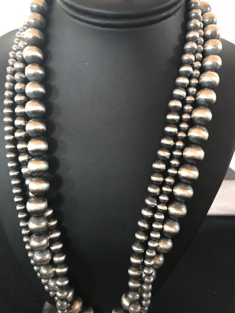 Native American Navajo Pearls Sterling Silver Bead Necklace 60” Long 3 Strands