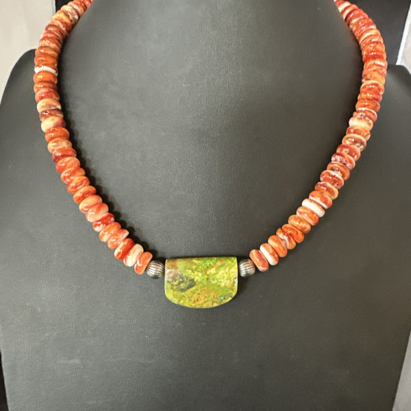Orange Spiny Green Turquoise Navajo Pendant Necklace 20" | Sterling Silver | Authentic Native American Handmade | 19636