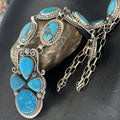 XXL Vintage Kingman Turquoise Navajo Lariat Necklace 33" | Sterling Silver | Authentic Native American Handmade | 19632