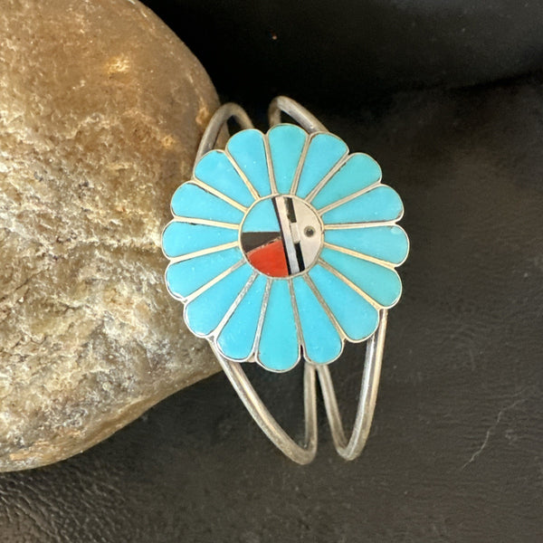 Old Pawn Sunface Turquoise Zuni Onyx Bracelet 6.5" | Sterling Silver | Authentic Native American Handmade | 19129